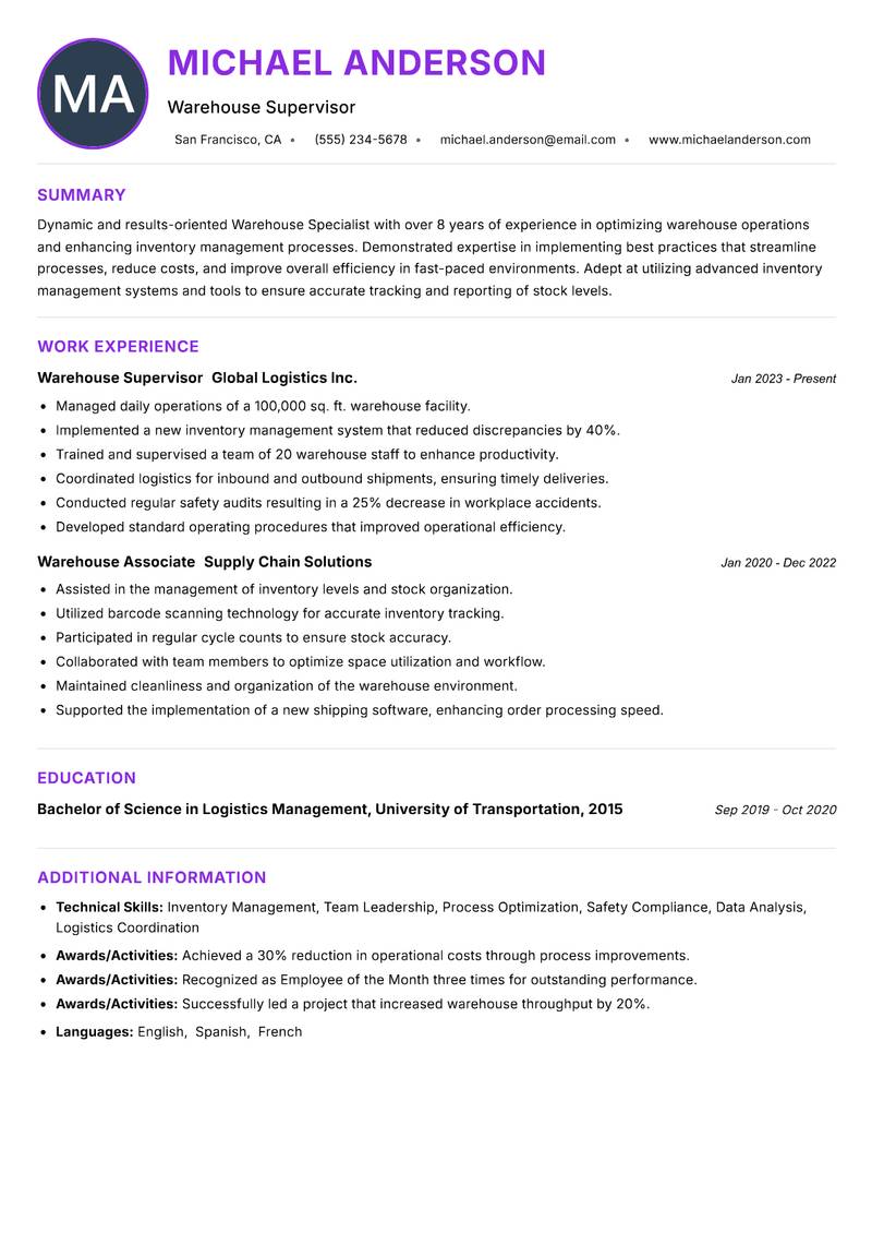 Warehouse Specialist resume example — ATS-friendly template