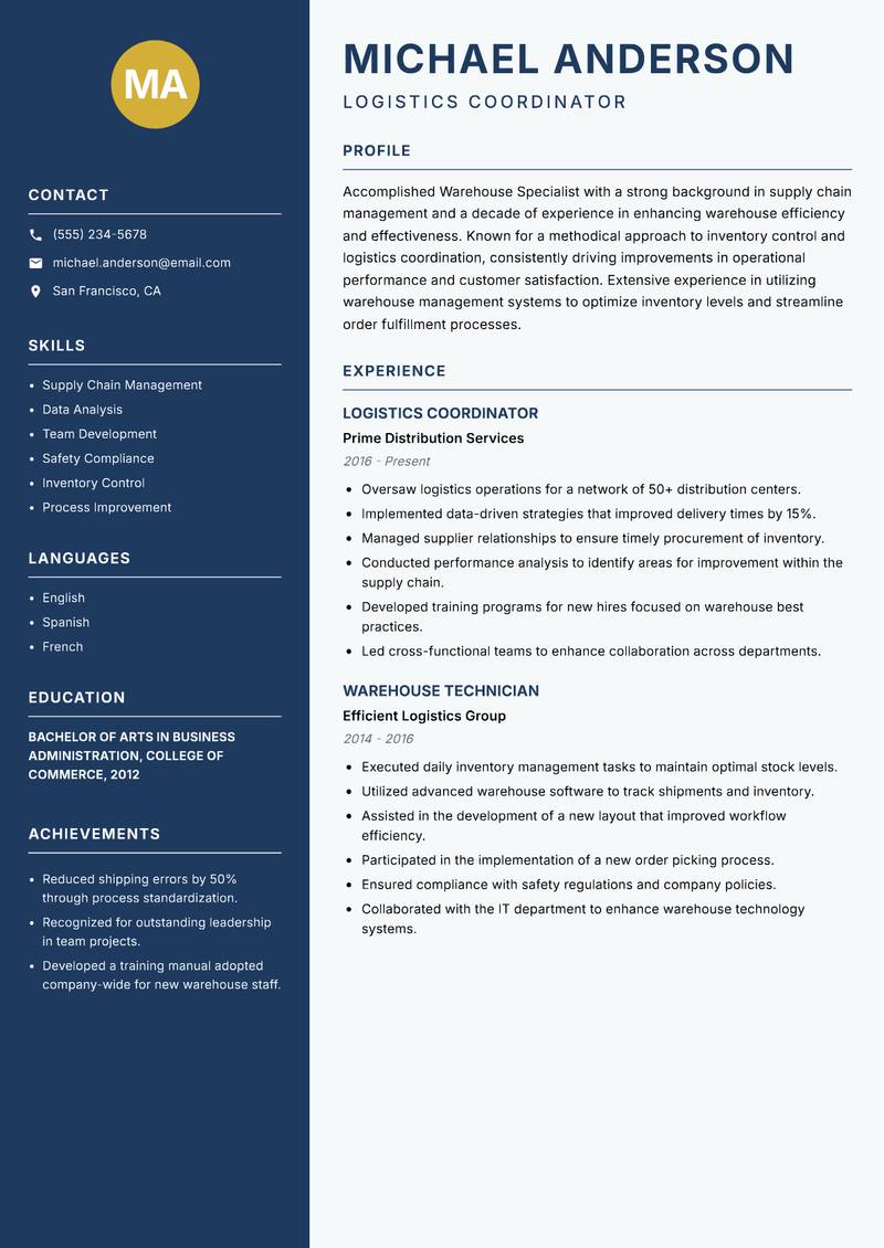 Warehouse Specialist resume template — Classic Clean