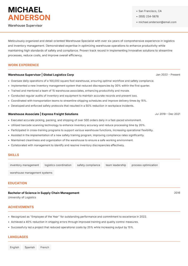 Warehouse Specialist resume template — Modern Professional