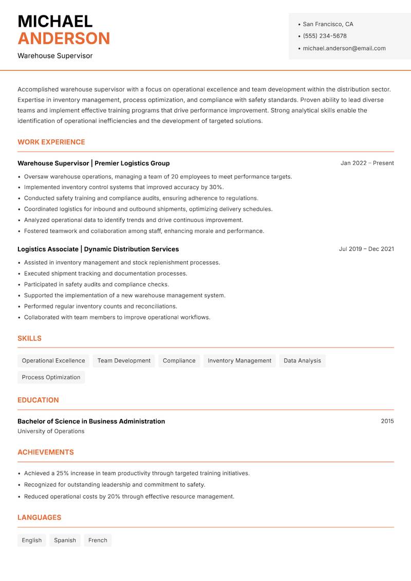 Warehouse Supervisor resume template — Modern Professional