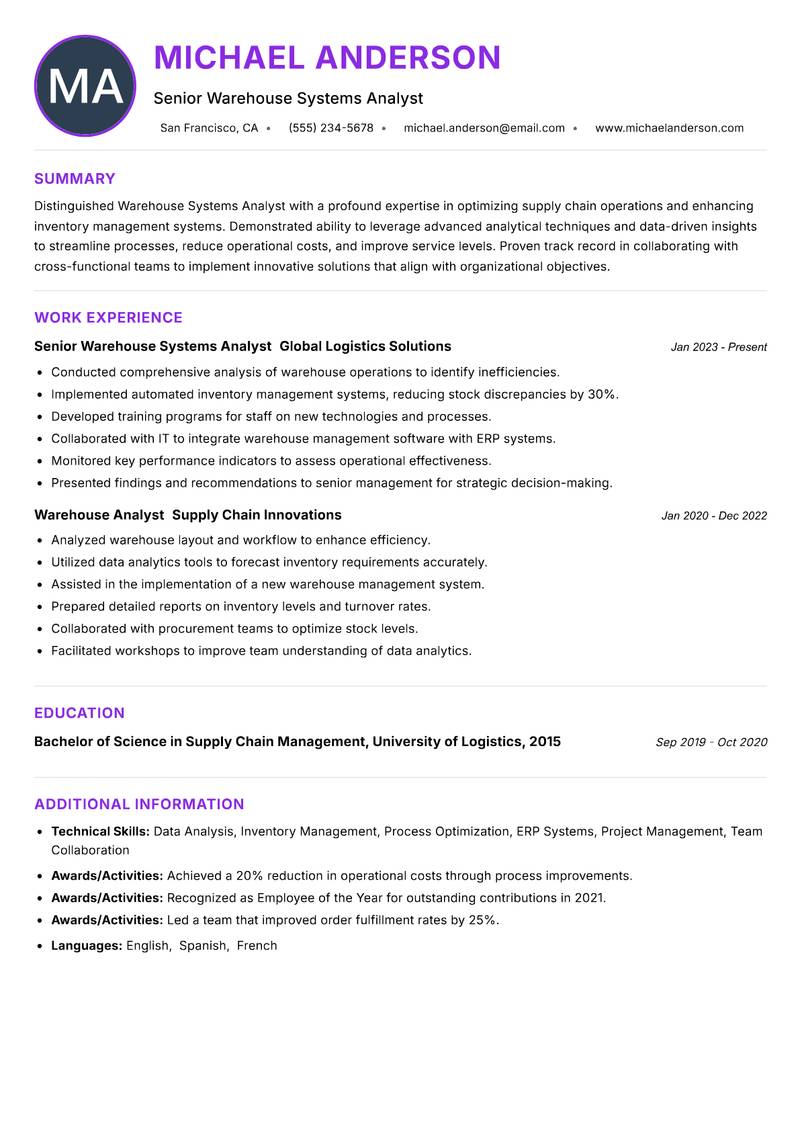 Warehouse Systems Analyst resume example — ATS-friendly template