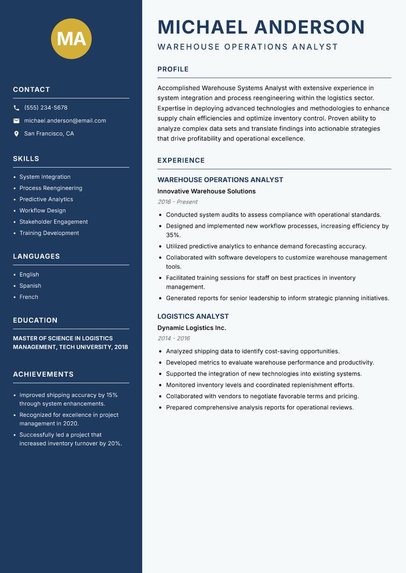 Warehouse Systems Analyst resume template — Classic Clean