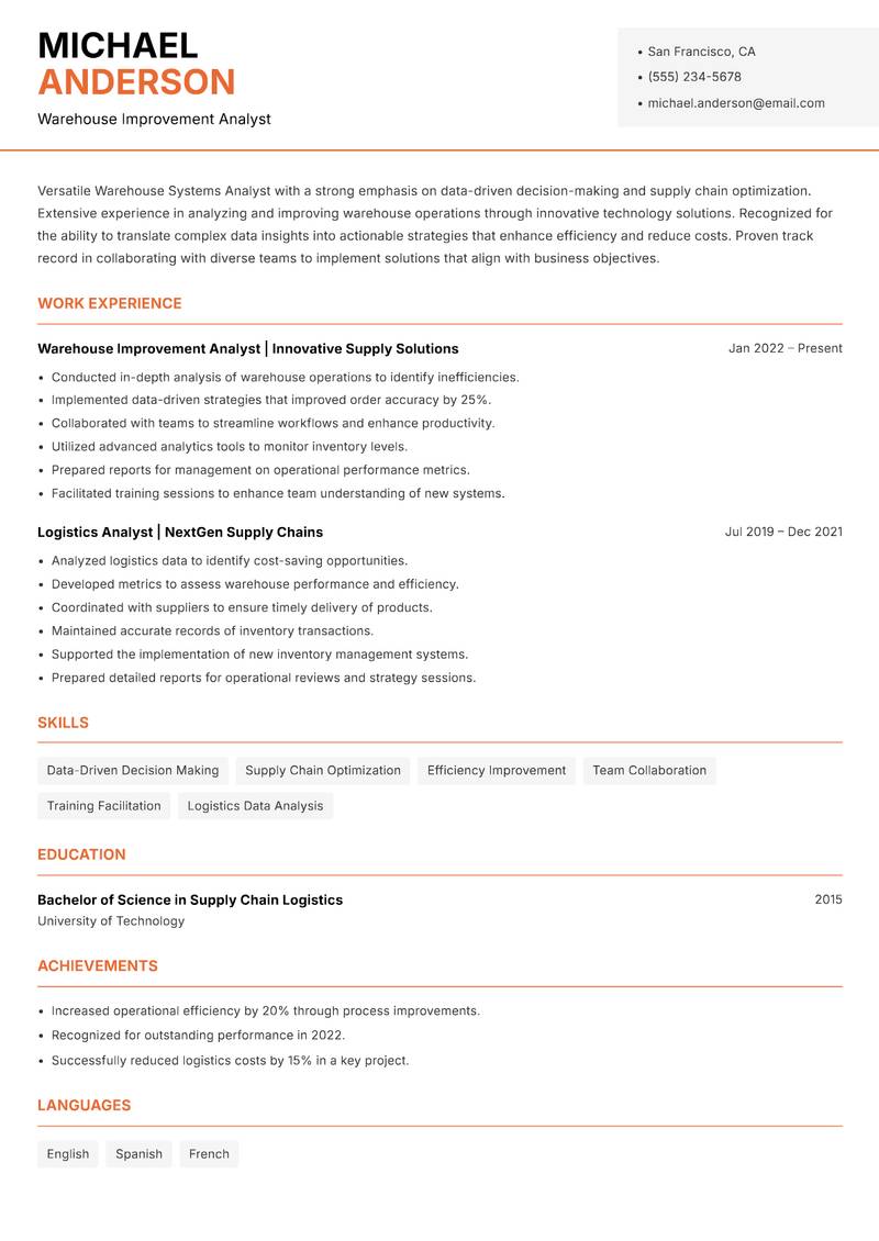 Warehouse Systems Analyst resume template — Modern Professional