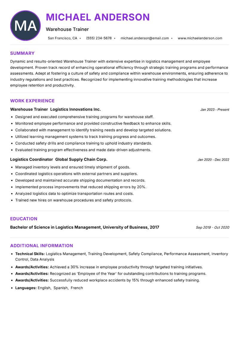 Warehouse Trainer resume example — ATS-friendly template