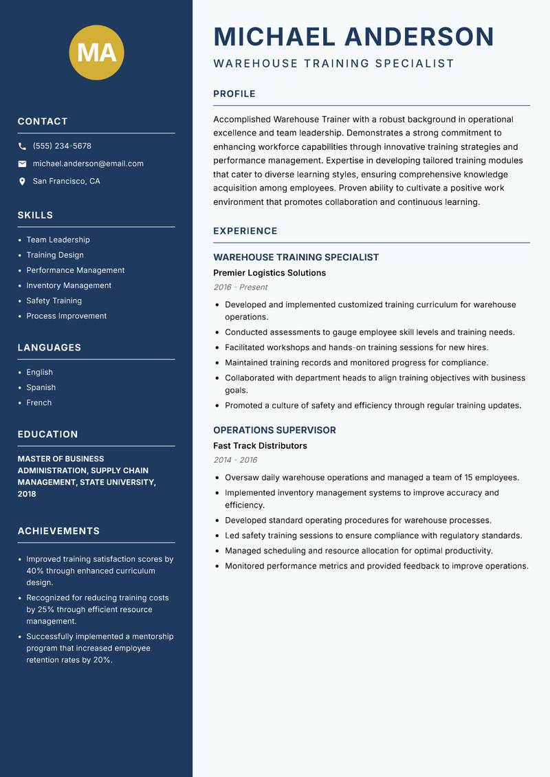 Warehouse Trainer resume template — Classic Clean