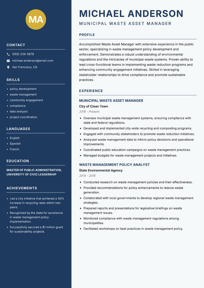 Waste Asset Manager resume template — Classic Clean