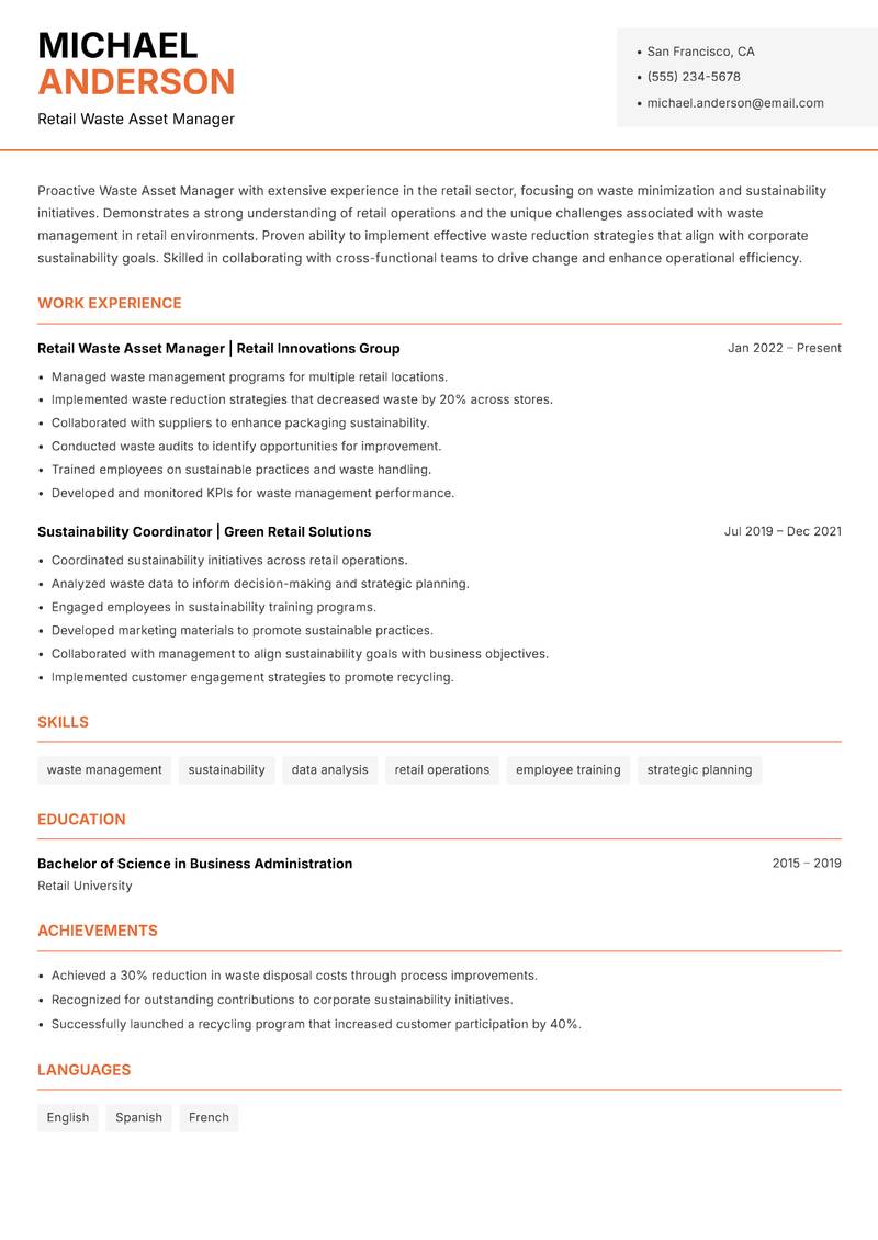 Waste Asset Manager resume template — Modern Professional