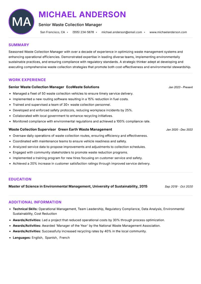 Waste Collection Manager resume example — ATS-friendly template