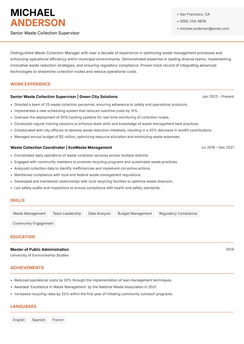 Waste Collection Manager resume template — Modern Professional