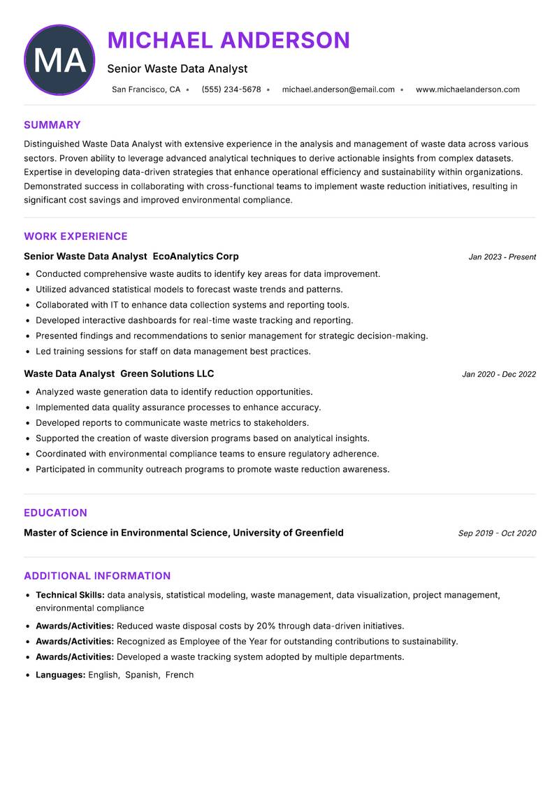 Waste Data Analyst resume example — ATS-friendly template