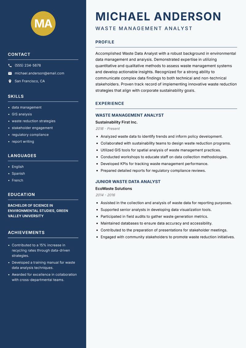 Waste Data Analyst resume template — Classic Clean