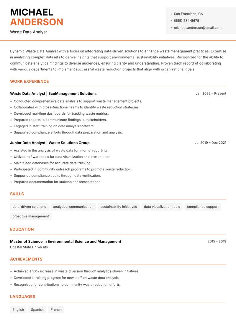 Waste Data Analyst resume template — Modern Professional