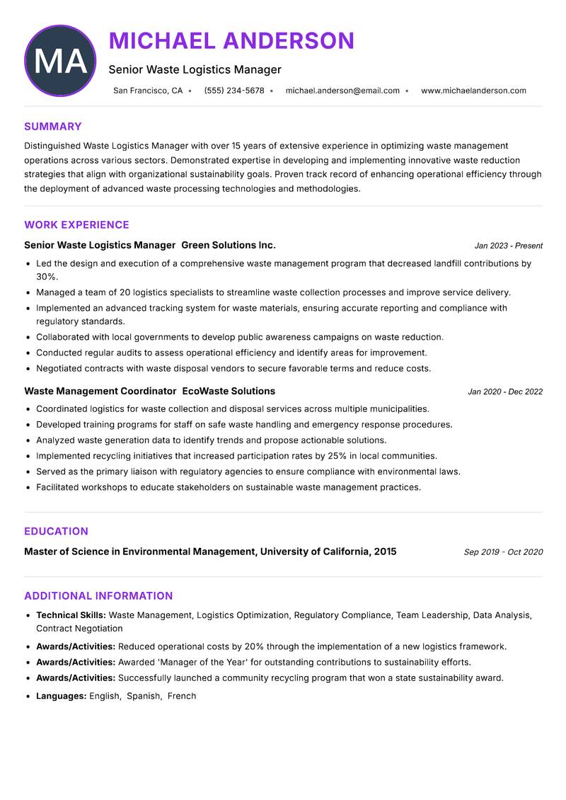 Waste Logistics Manager resume example — ATS-friendly template