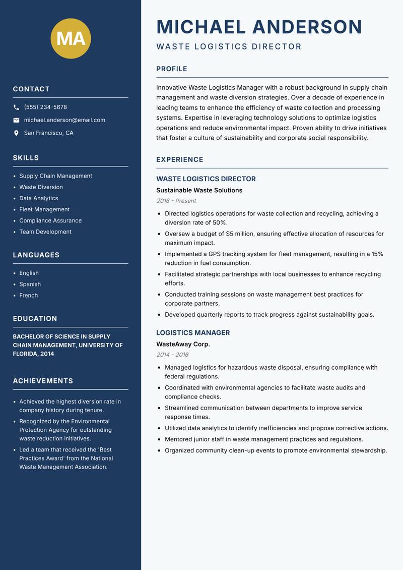 Waste Logistics Manager resume template — Classic Clean