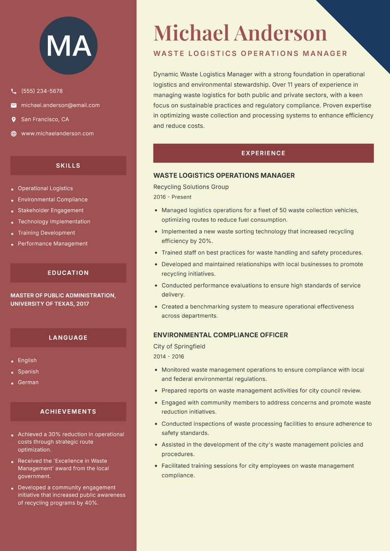 Waste Logistics Manager resume template — Two Column
