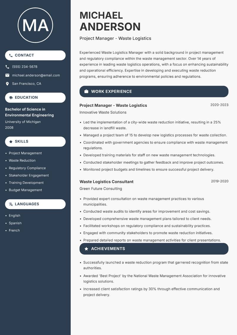 Waste Logistics Manager resume template — Compact