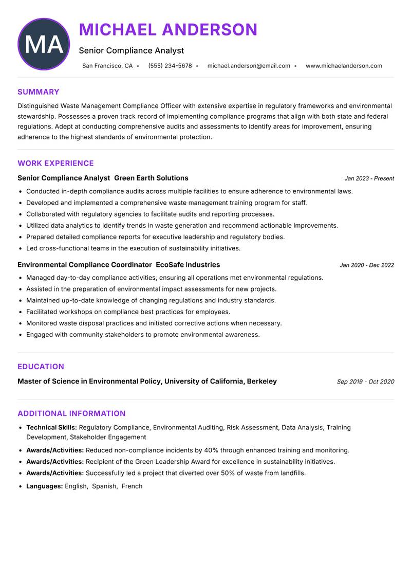 Waste Management Compliance Officer resume example — ATS-friendly template
