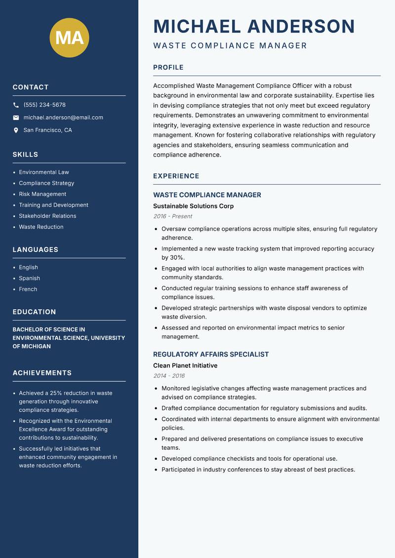 Waste Management Compliance Officer resume template — Classic Clean