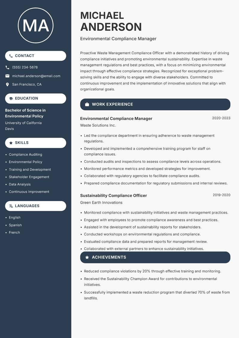 Waste Management Compliance Officer resume template — Compact