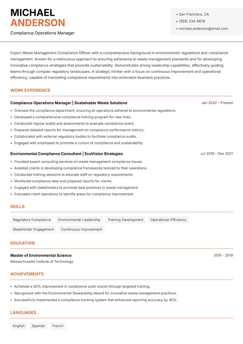 Waste Management Compliance Officer resume template — Modern Professional