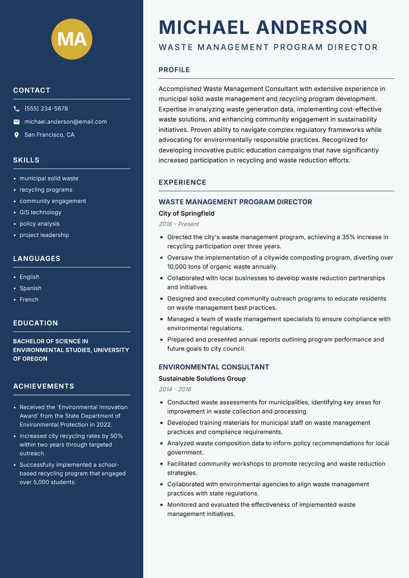 Waste Management Consultant resume template — Classic Clean