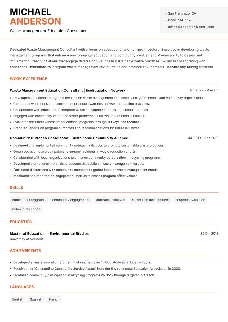Waste Management Consultant resume template — Modern Professional