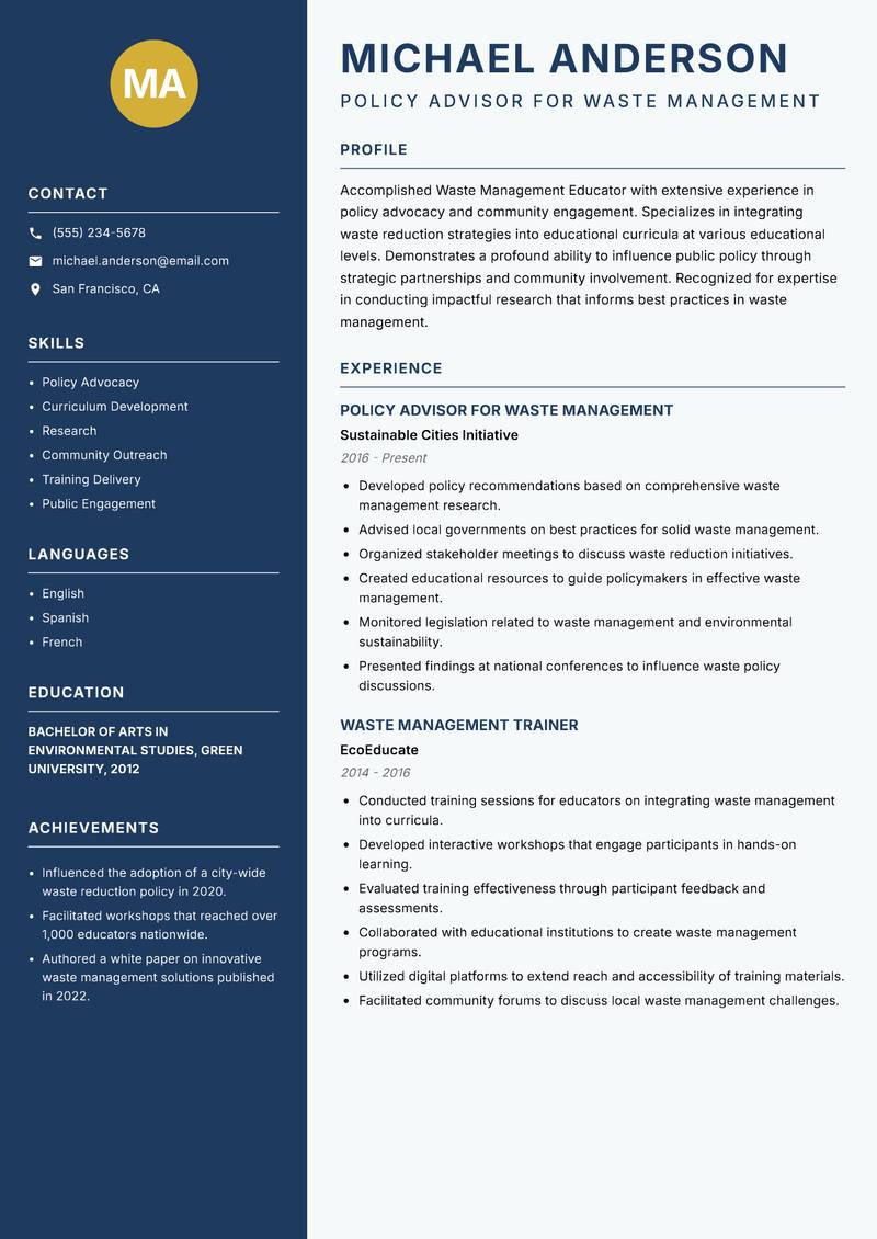 Waste Management Educator resume template — Classic Clean