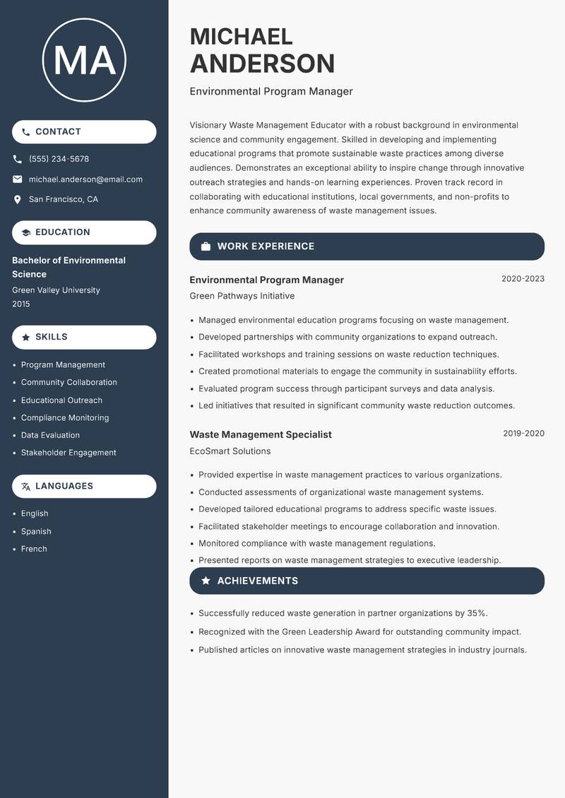 Waste Management Educator resume template — Compact