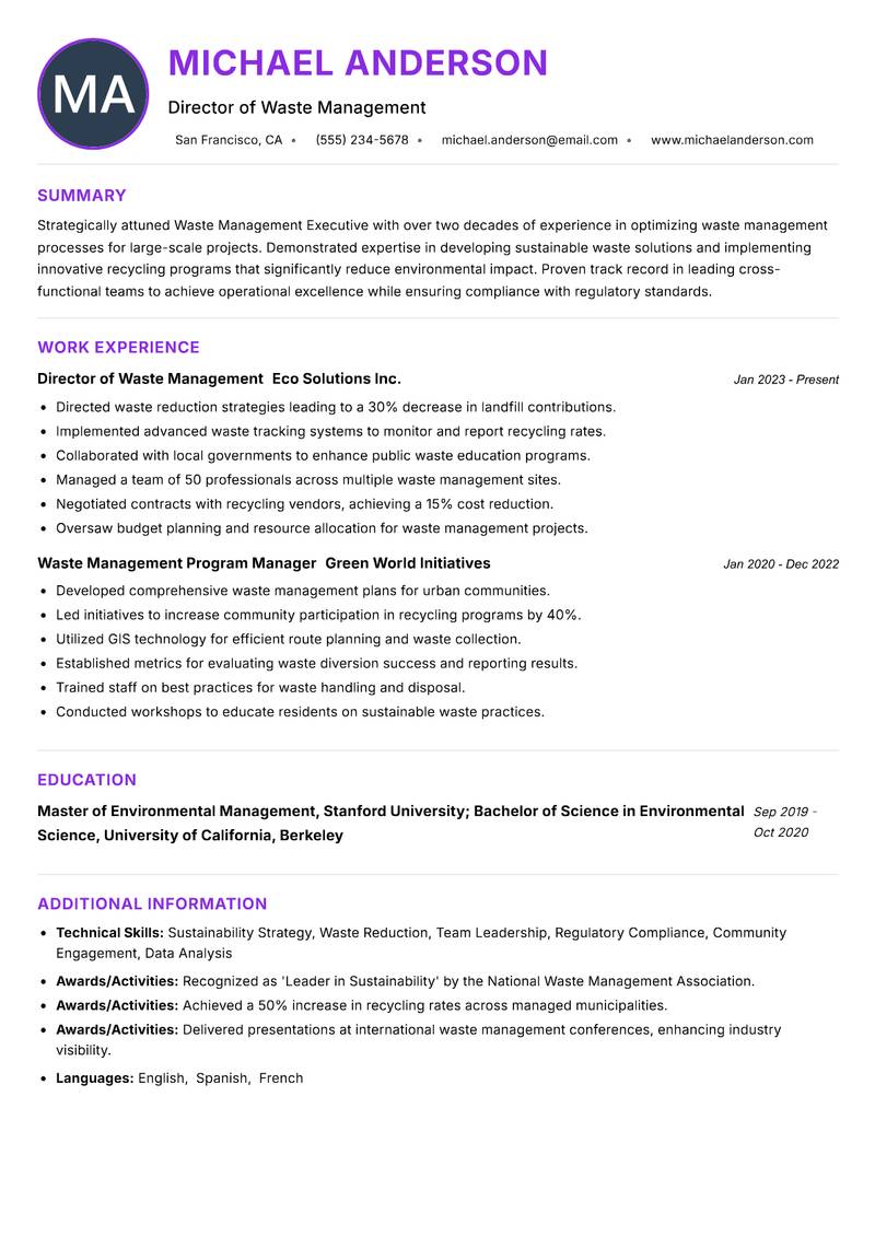 Waste Management Executive resume example — ATS-friendly template