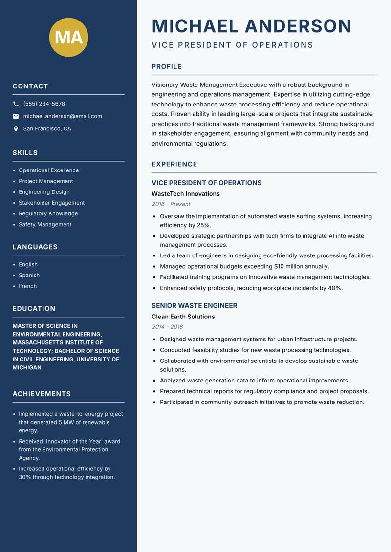 Waste Management Executive resume template — Classic Clean