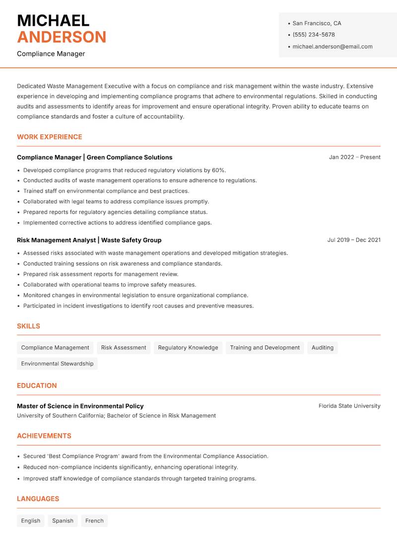 Waste Management Executive resume template — Modern Professional