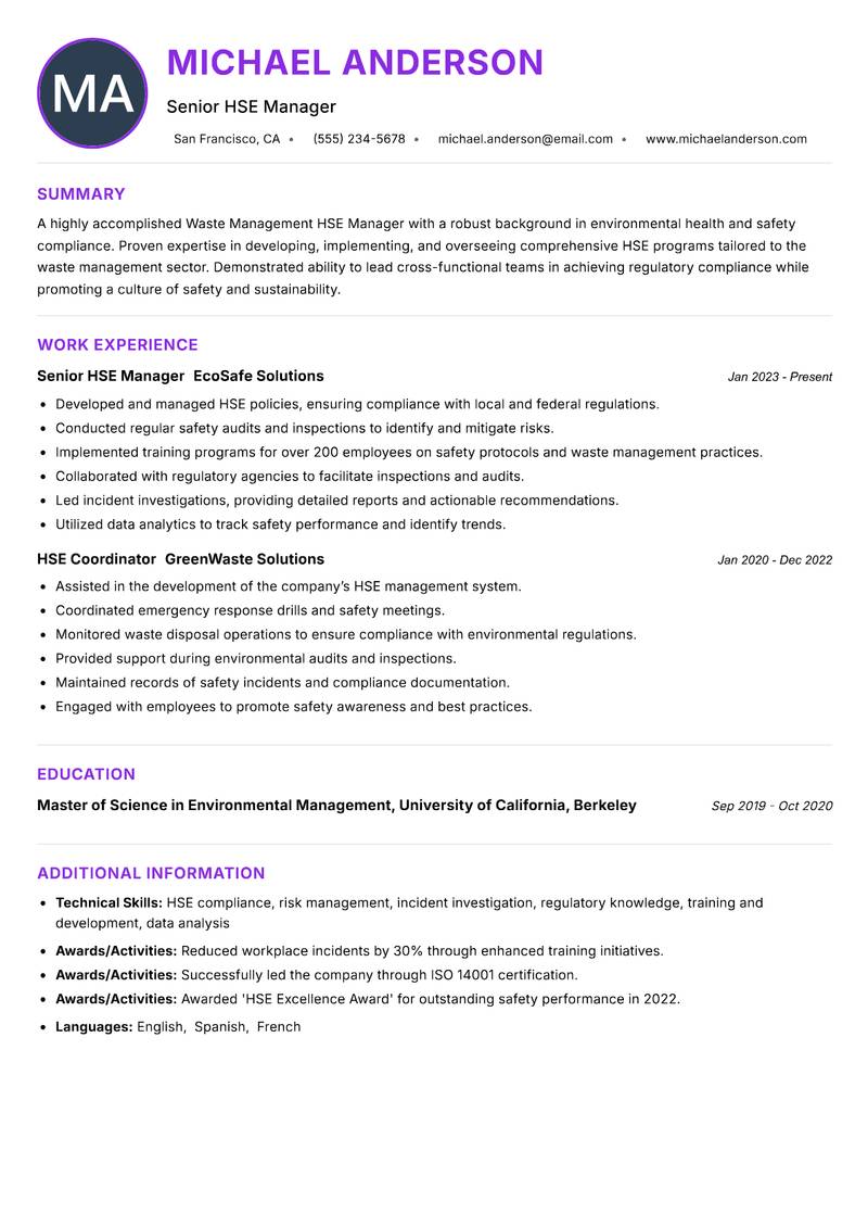 Waste Management HSE Manager resume example — ATS-friendly template