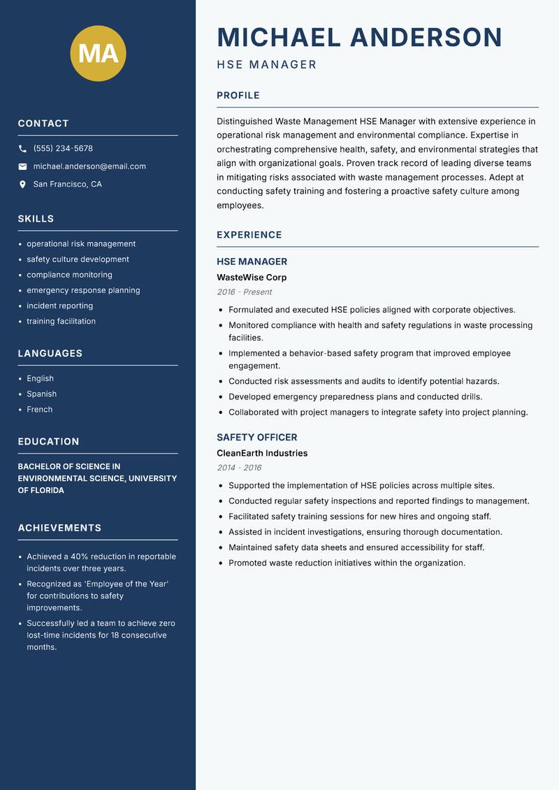 Waste Management HSE Manager resume template — Classic Clean