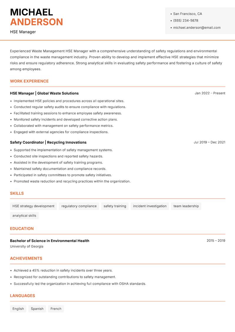 Waste Management HSE Manager resume template — Modern Professional