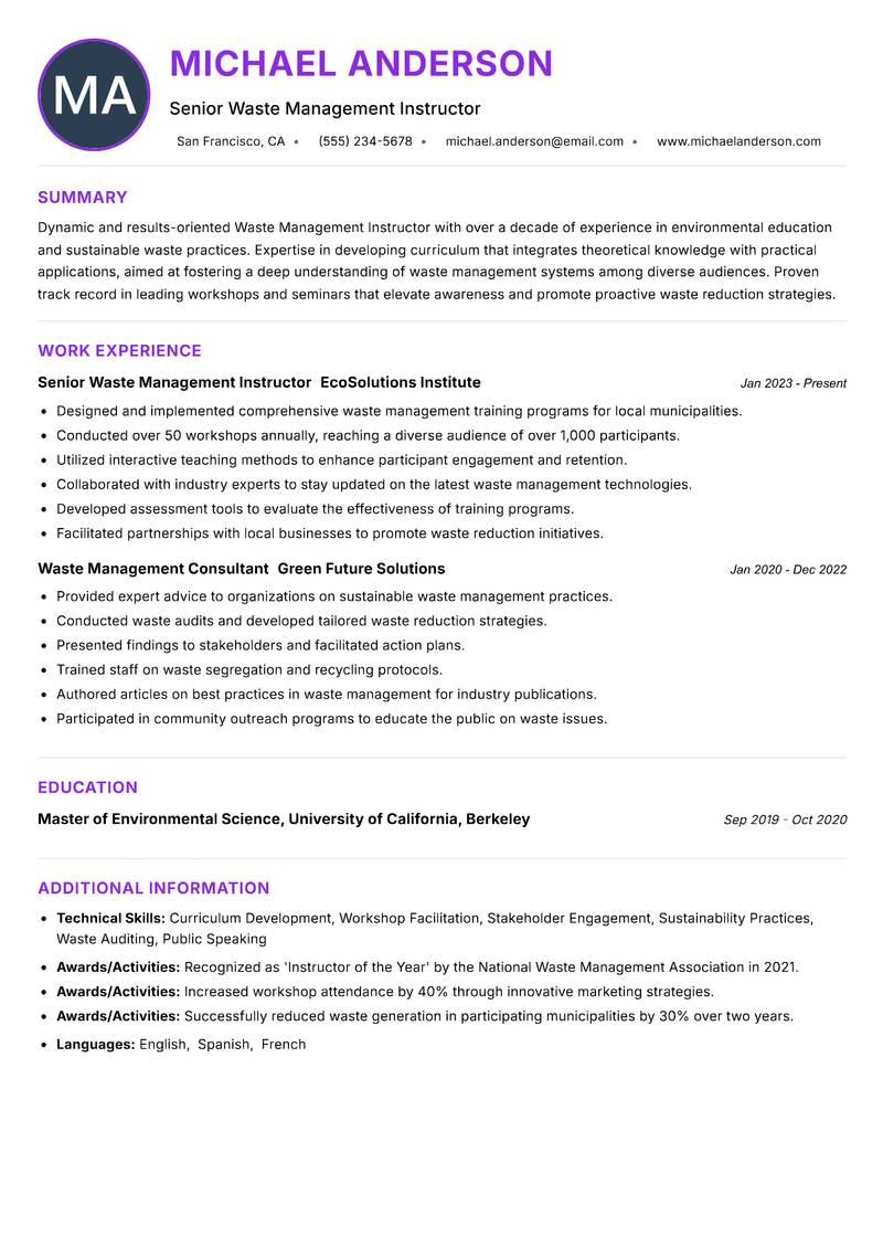 Waste Management Instructor resume example — ATS-friendly template
