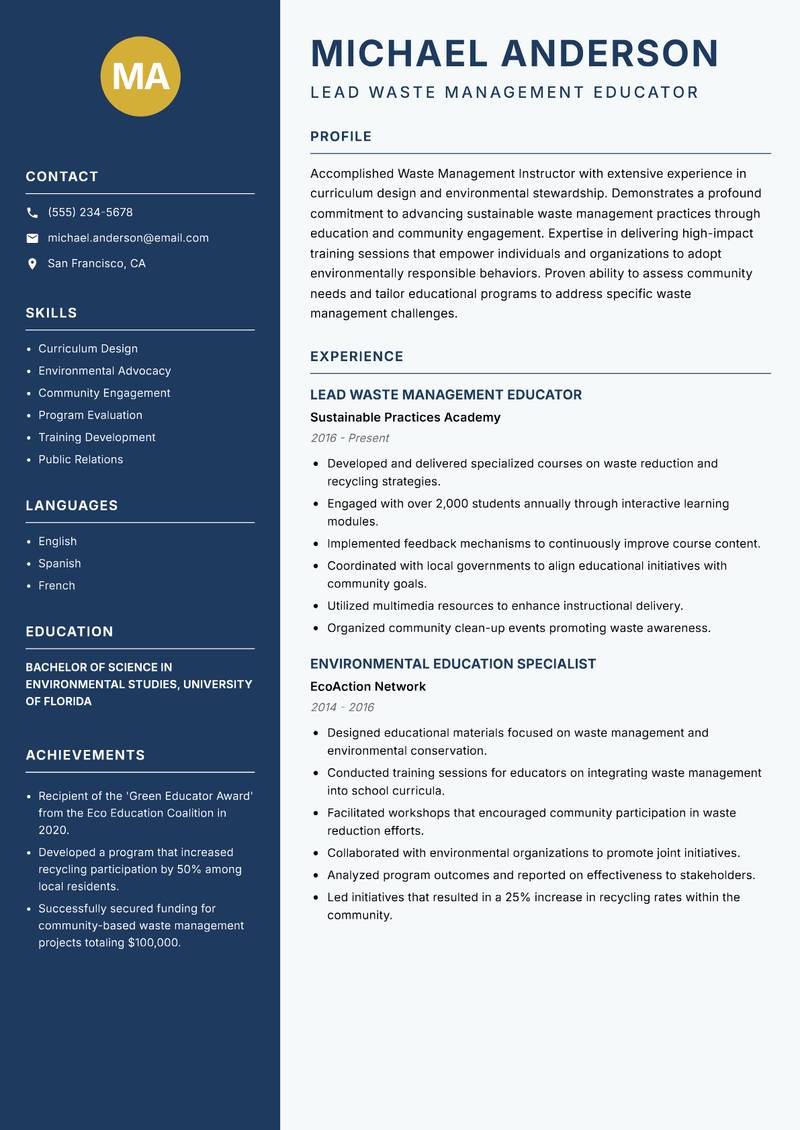 Waste Management Instructor resume template — Classic Clean