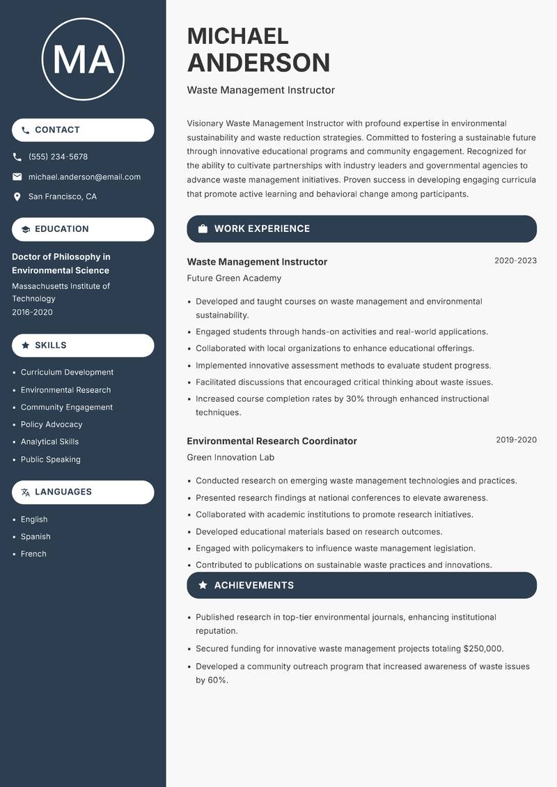 Waste Management Instructor resume template — Compact