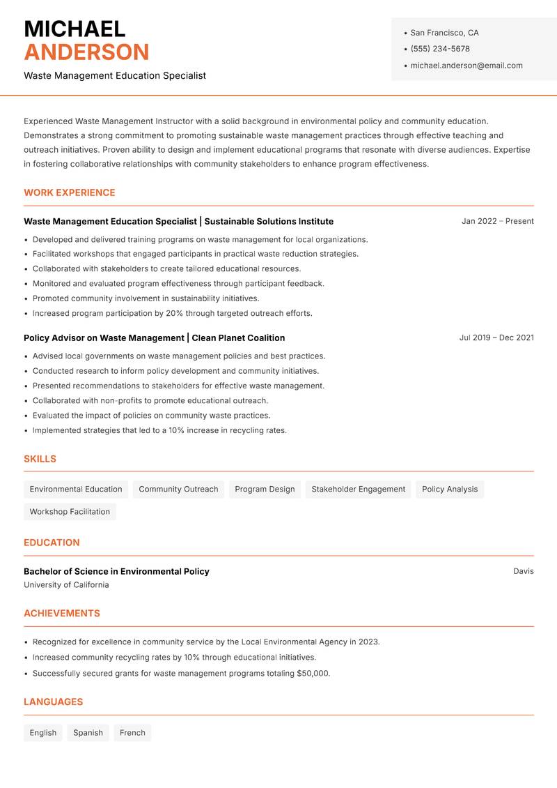Waste Management Instructor resume template — Modern Professional