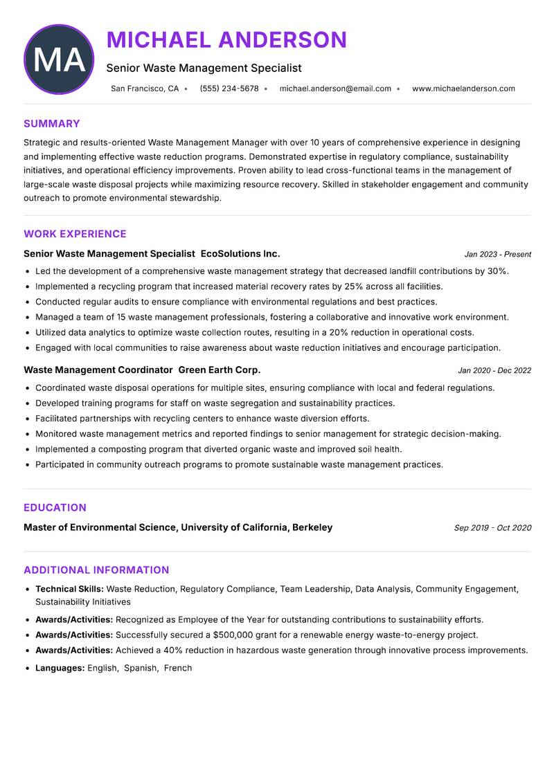 Waste Management Manager resume example — ATS-friendly template
