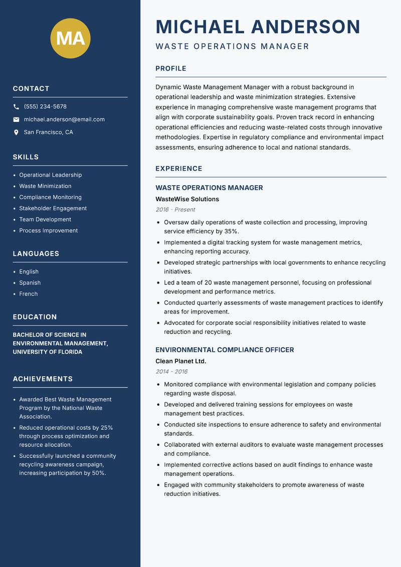 Waste Management Manager resume template — Classic Clean