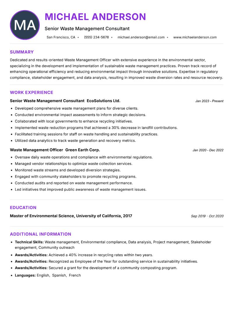 Waste Management Officer resume example — ATS-friendly template
