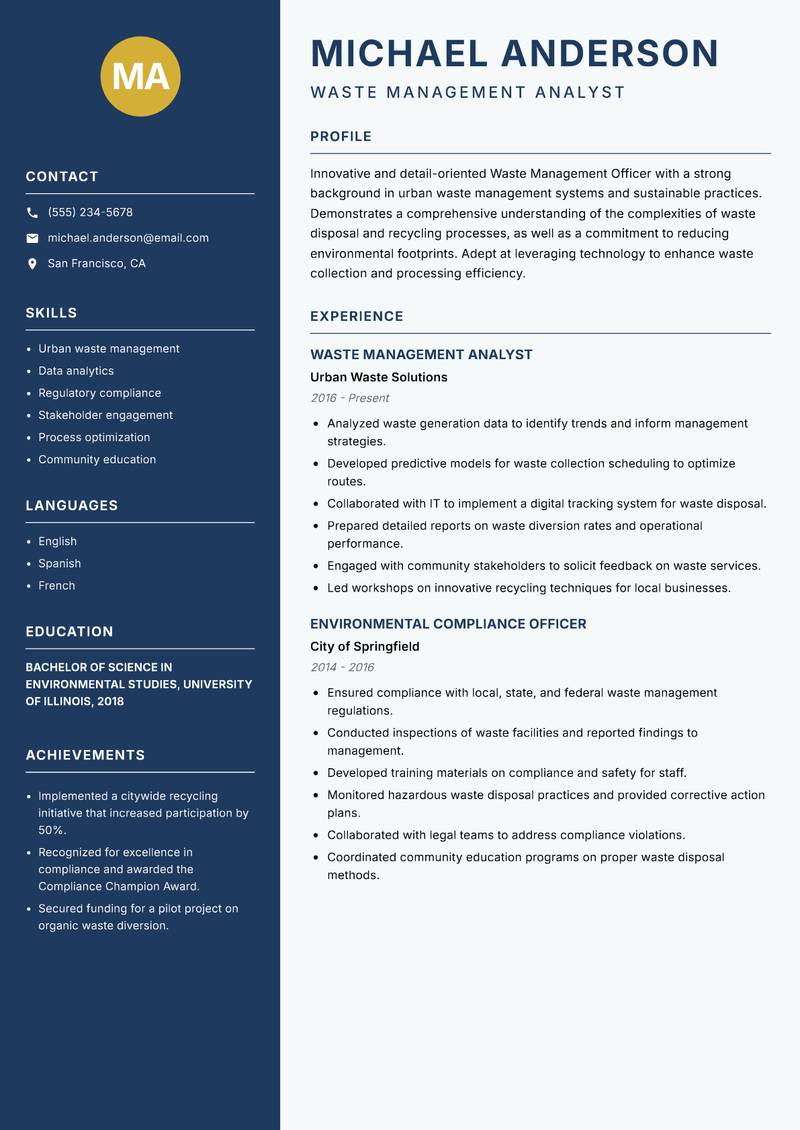 Waste Management Officer resume template — Classic Clean