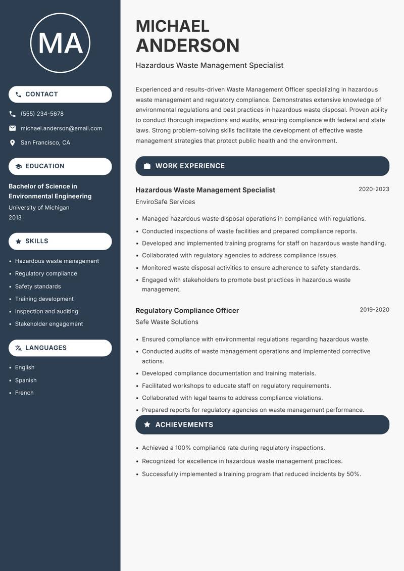 Waste Management Officer resume template — Compact