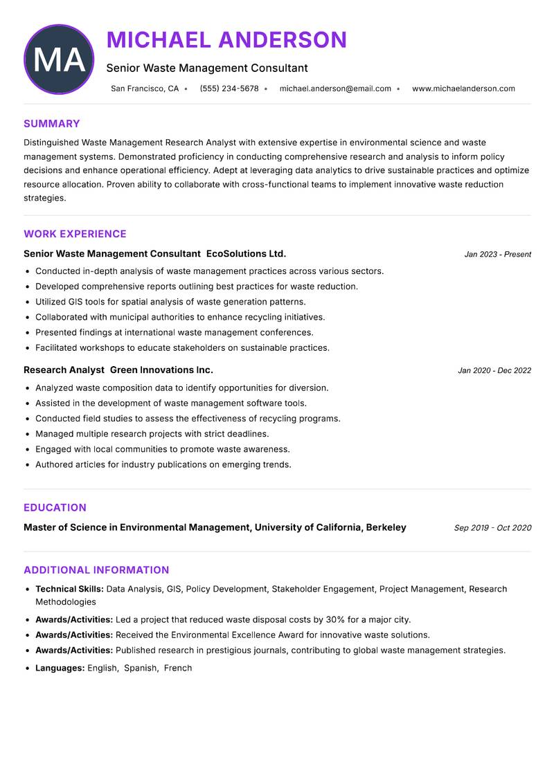 Waste Management Research Analyst resume example — ATS-friendly template