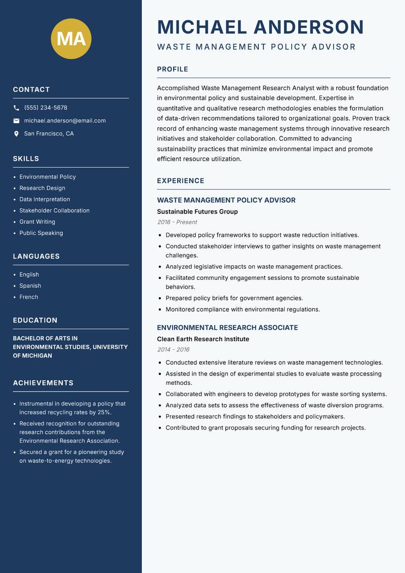 Waste Management Research Analyst resume template — Classic Clean