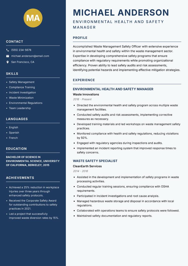 Waste Management Safety Officer resume template — Classic Clean