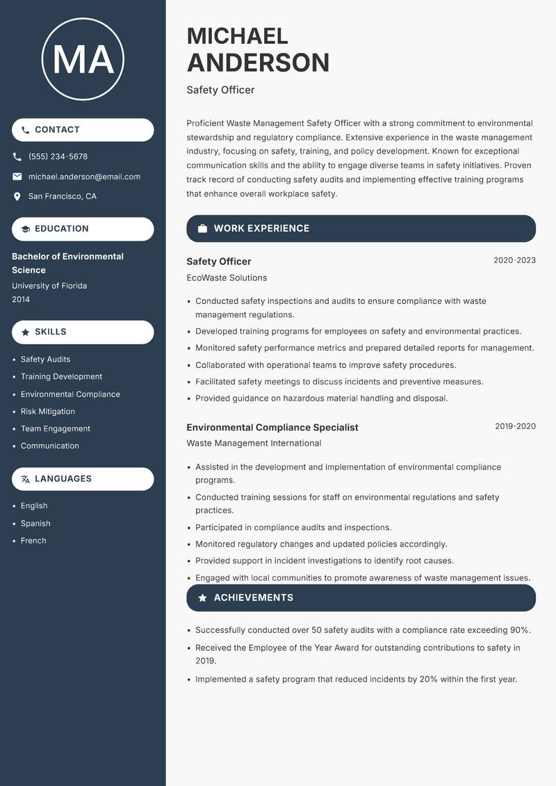 Waste Management Safety Officer resume template — Compact