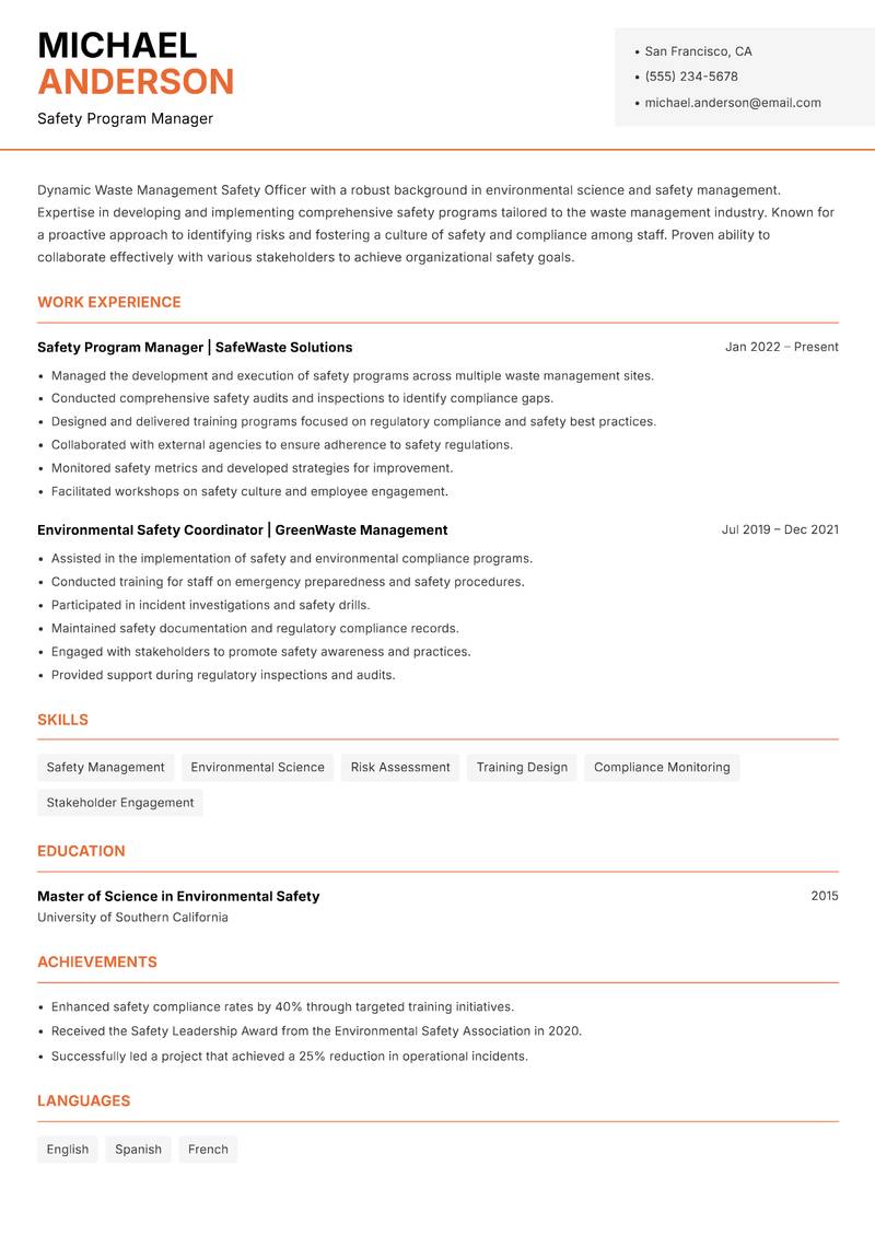 Waste Management Safety Officer resume template — Modern Professional