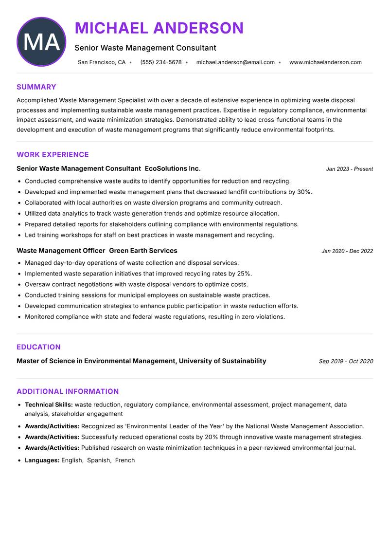 Waste Management Specialist resume example — ATS-friendly template