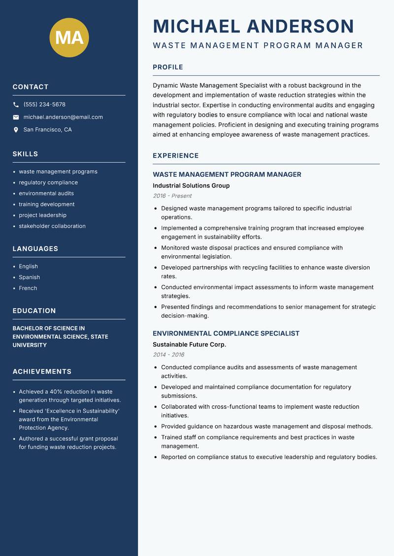 Waste Management Specialist resume template — Classic Clean